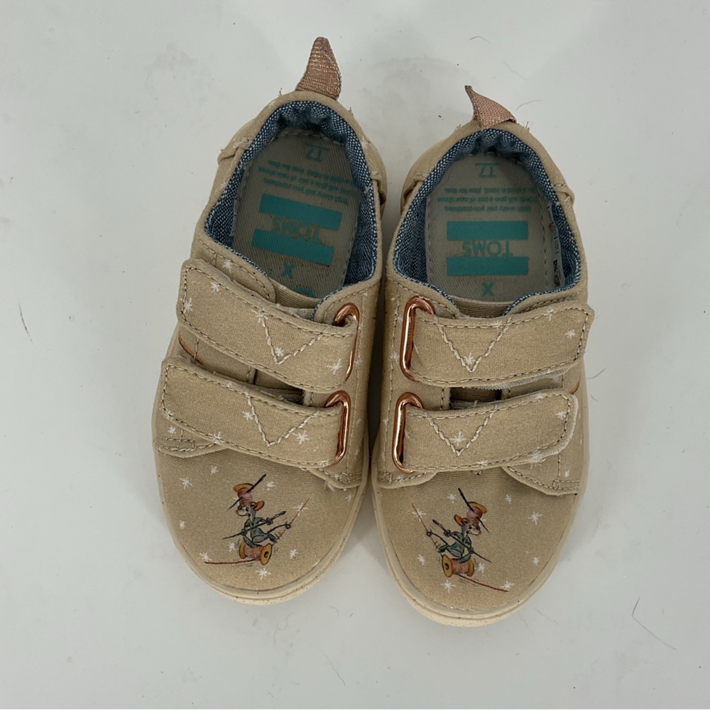 Disney x TOMS Toddler Beige Canvas Hook & Loop Shoes with Cinderella Mice Size 7